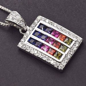 Silver Rainbow Sapphire Squared Pendant Necklace